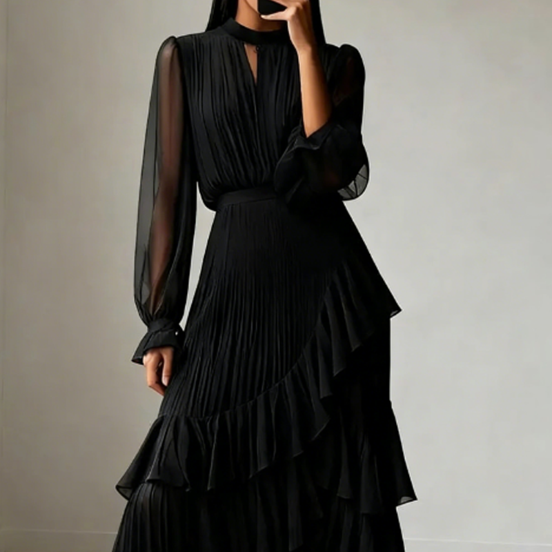 Vestido midi plisado elegante con volantes